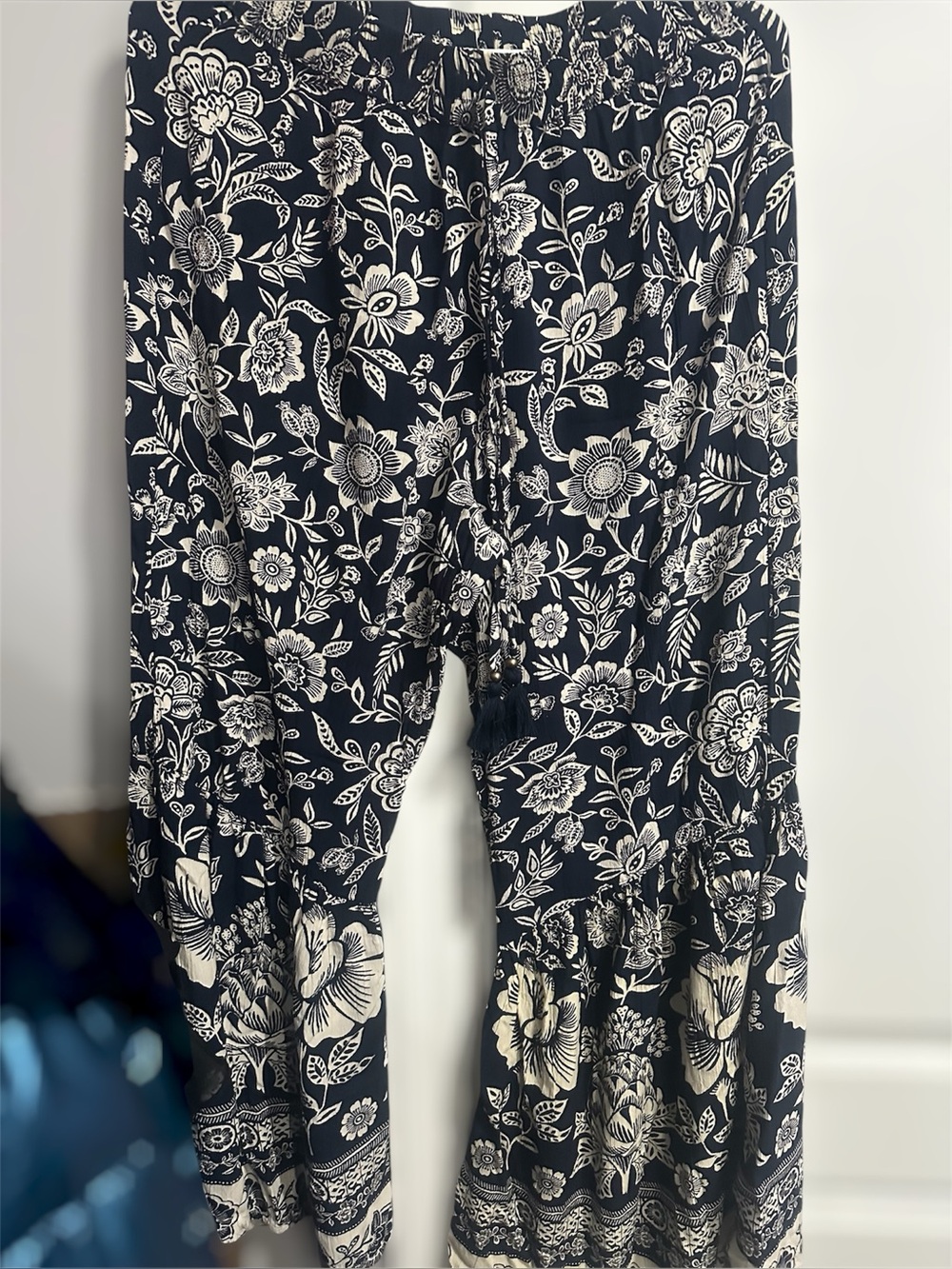 Angie Navy and White Floral Ruffle Hem Pants